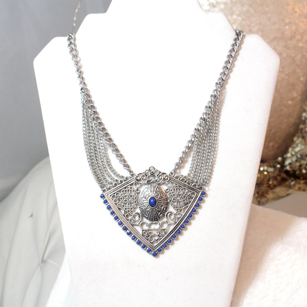 Silver Southwestern Bohemian Tribal Ethnic Chain Blue Statement Necklace